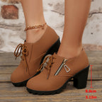 Women's Block Heel Ankle Boots Lace-Up with Side Zip - 3