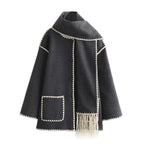 Women's Blanket Cape with Contrast Stitching and Fringe - Dark Grey