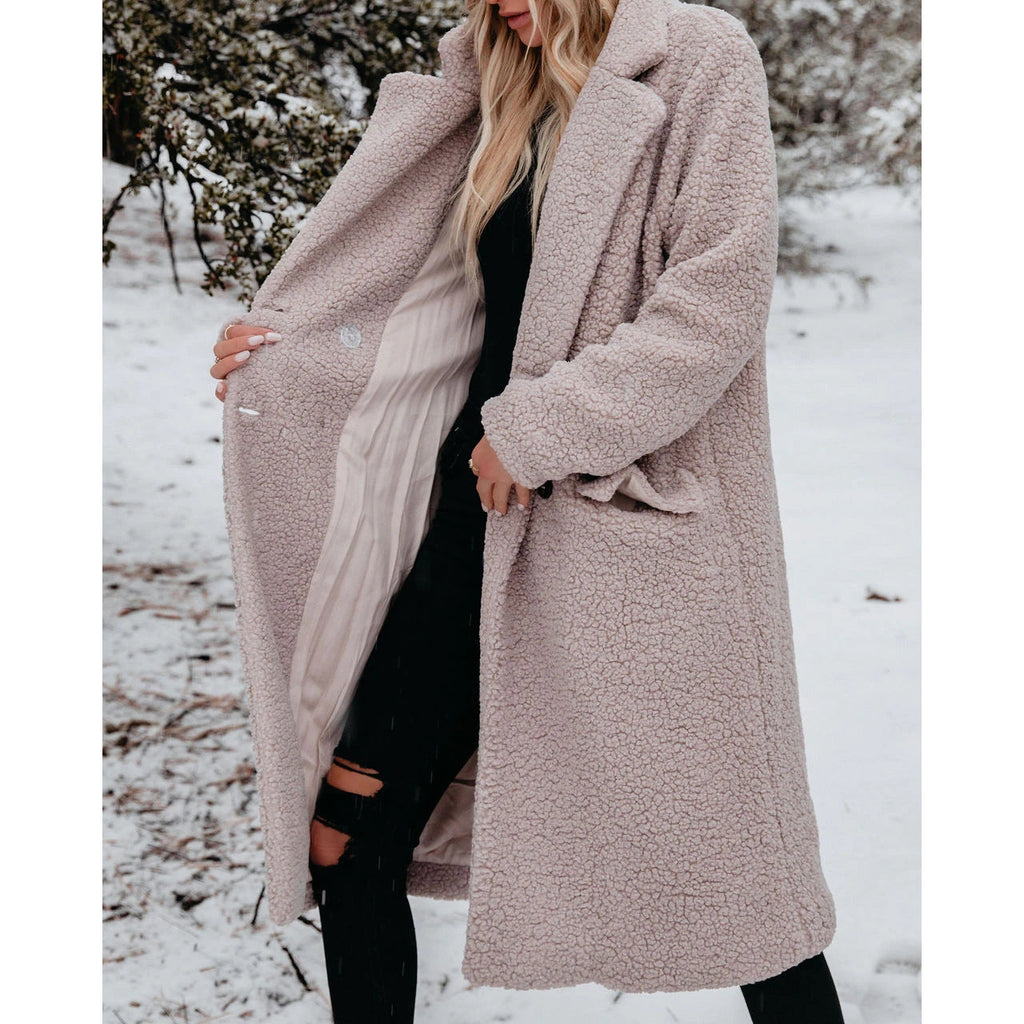Women's Long Teddy Coat with Button Front Closure - 7
