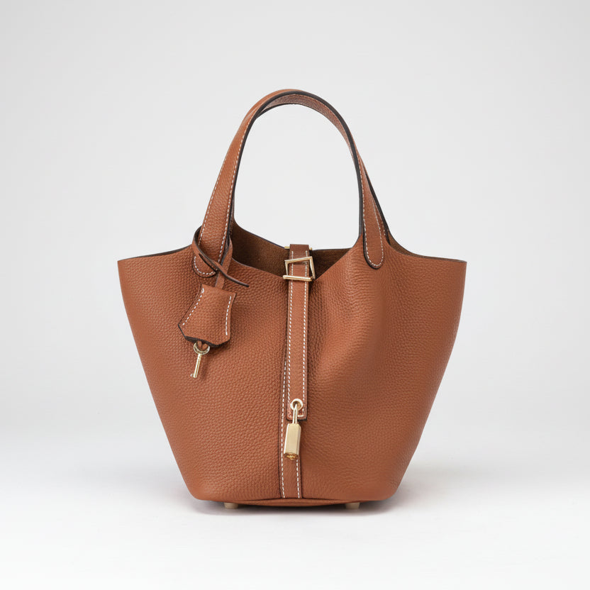 Women's Structured Bucket Bag with Twist-Lock Clasp - Orange Rust