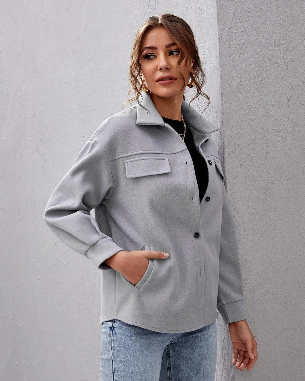 Women's Oversized Shirt Jacket with Collar and Pocket Detail - Grey