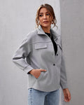 Women's Oversized Shirt Jacket with Collar and Pocket Detail - Grey