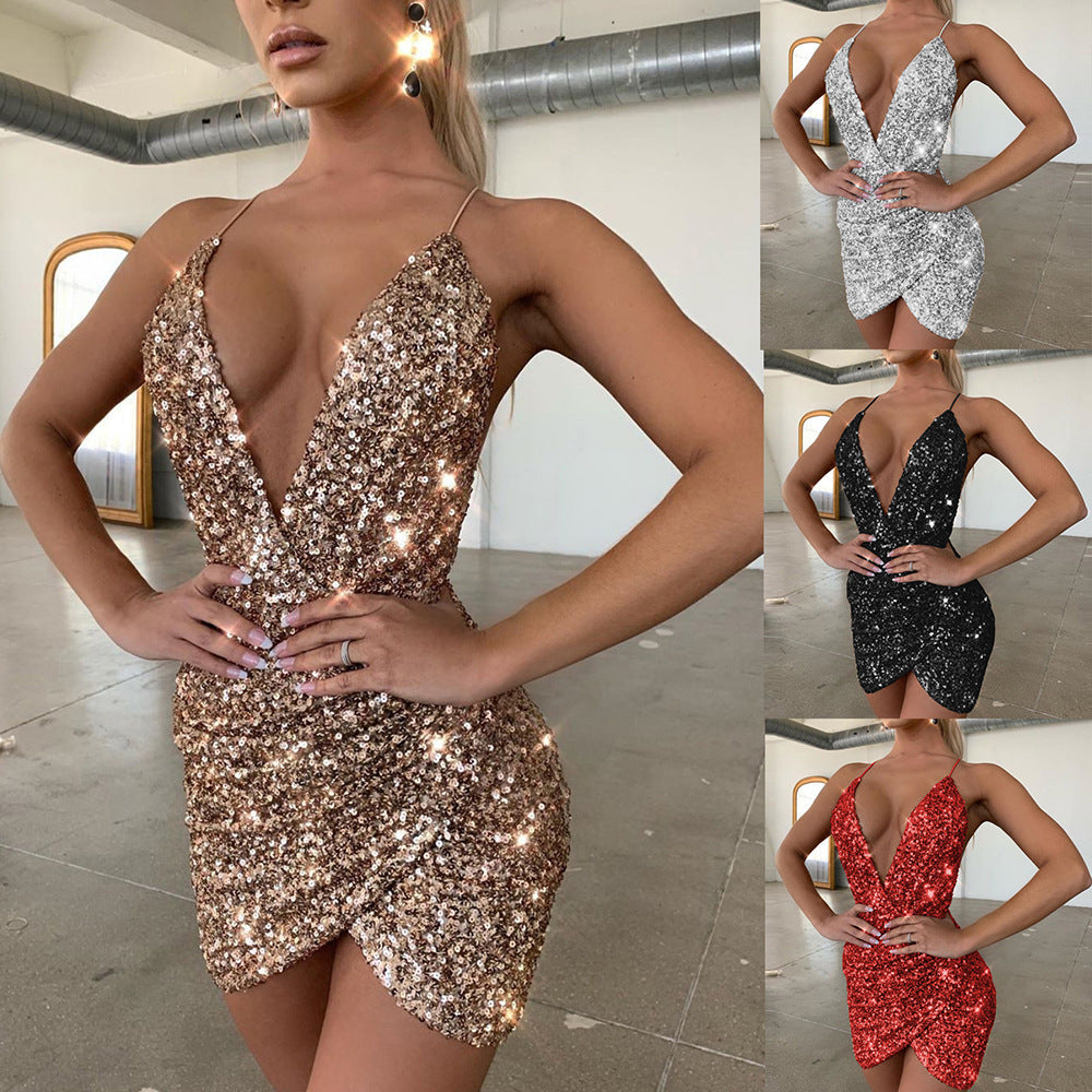 Women's Sequin Deep V-Neck Mini Dress with Wrap Skirt - 5