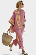 Elowric | Elegant Lavender Top & Mustard Striped Trousers - Red