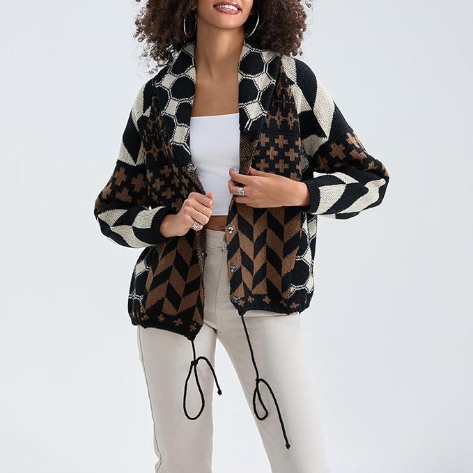 Women's Cardigan Oversized Button-Down with Patterned Knit - Black