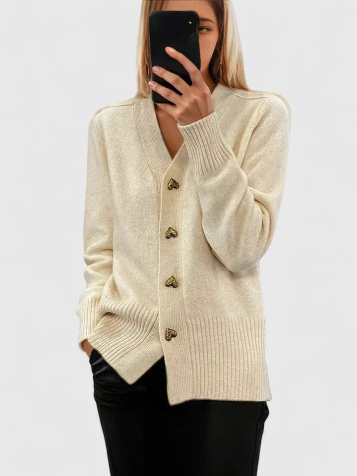 Women's Cardigan V-Neck with Heart Button Detail - Cream