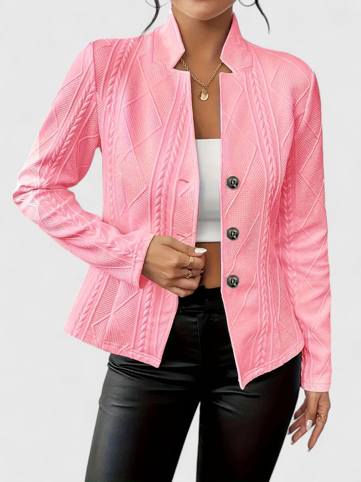 Women's Structured Jacket with Stand Collar and Textured Finish - Pink