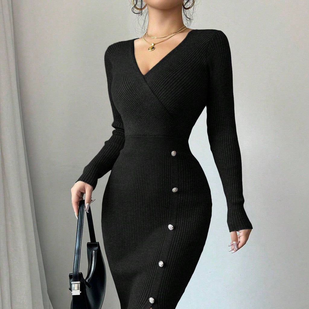 Women's Ribbed Wrap-Style Midi Dress with Button Detail - 9