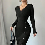 Women's Ribbed Wrap-Style Midi Dress with Button Detail - 9
