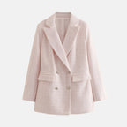 Women's Double-Breasted Tweed Blazer with Notched Lapel - Pink