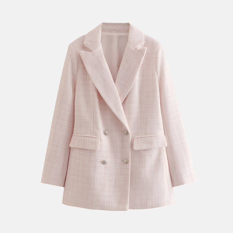 Women's Double-Breasted Tweed Blazer with Notched Lapel - Pink