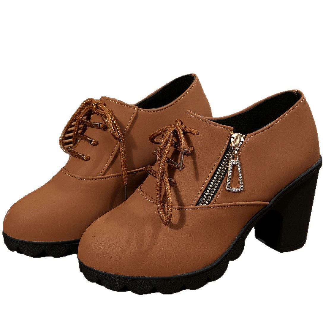 Women's Block Heel Ankle Boots Lace-Up with Side Zip - 7