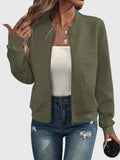 Women's Bomber Jacket with Geometric Texture and Zip Fastening - Army Green