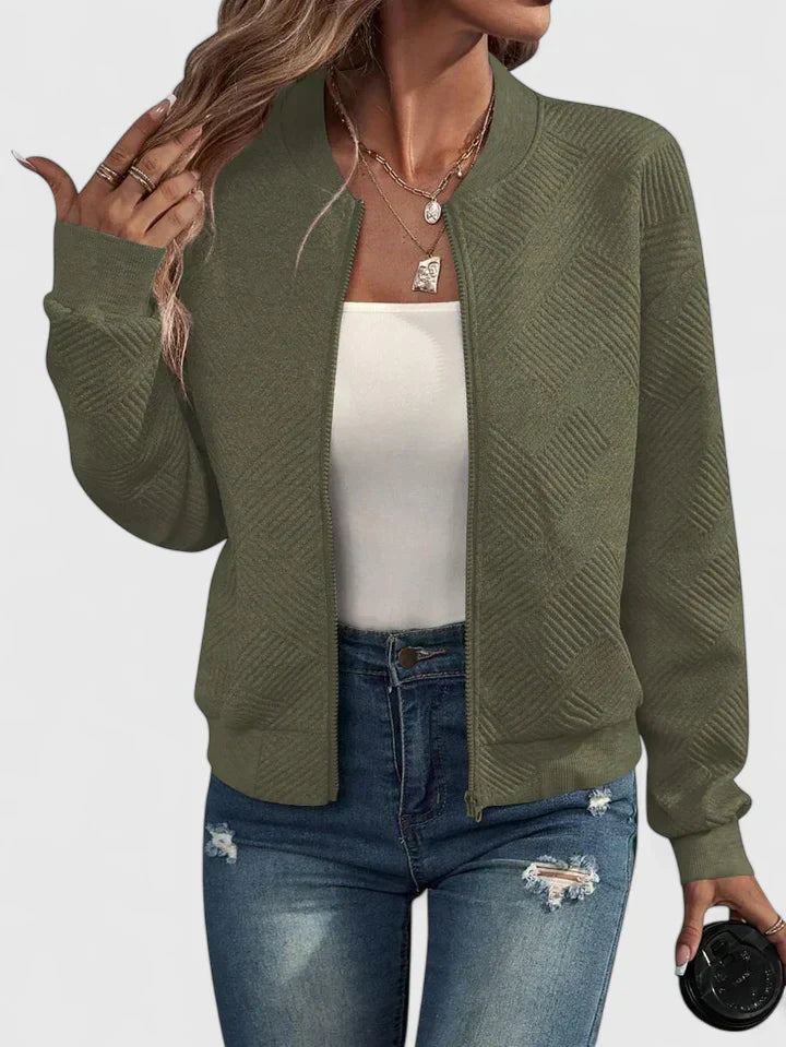 Women's Bomber Jacket with Geometric Texture and Zip Fastening - Army Green
