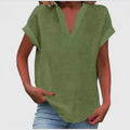 Women's Blouse Relaxed Fit with Notched V-Neck and Rolled Sleeves - Army Green