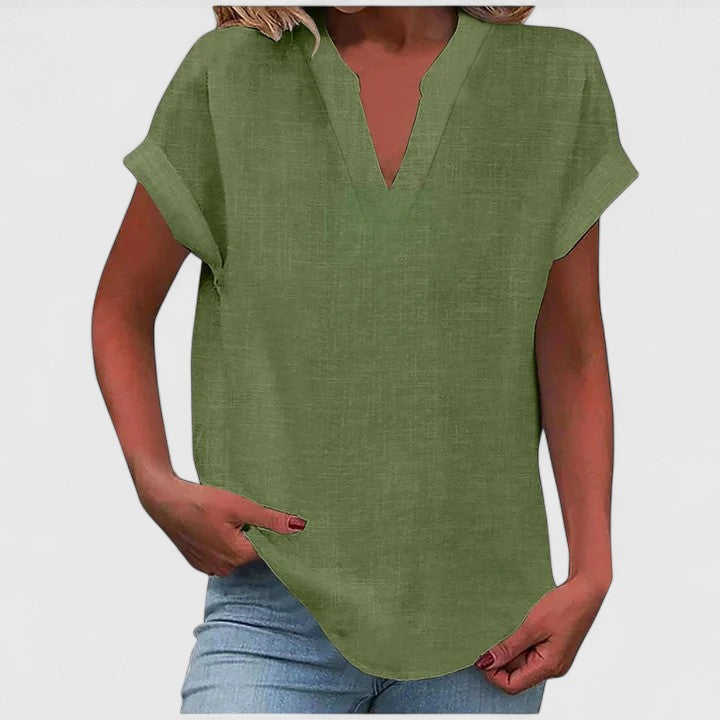 Women's Blouse Relaxed Fit with Notched V-Neck and Rolled Sleeves - Army Green