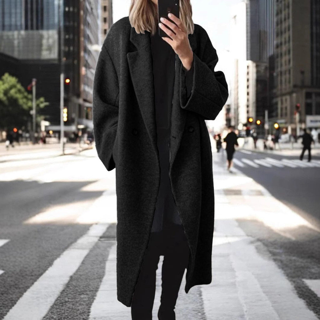 Women's Oversized Longline Coat Double-Breasted - Black