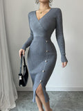 Women's Ribbed Wrap-Style Midi Dress with Button Detail - Grey