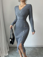 Women's Ribbed Wrap-Style Midi Dress with Button Detail - Grey