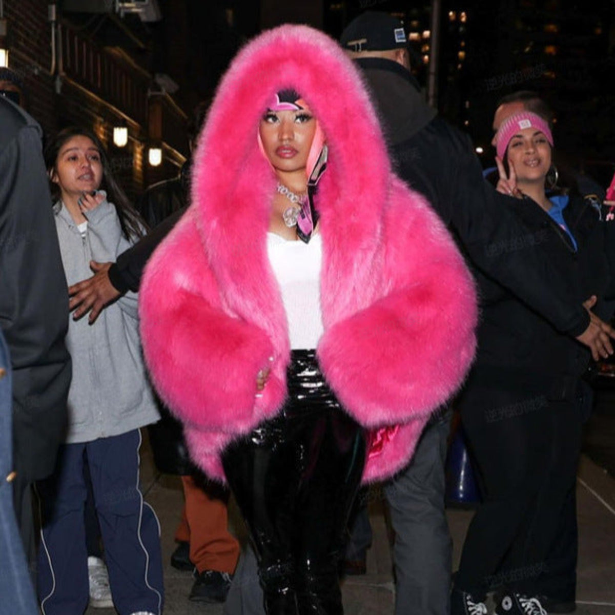 Women's Hooded Faux Fur Coat with Long Sleeves - Rose Red