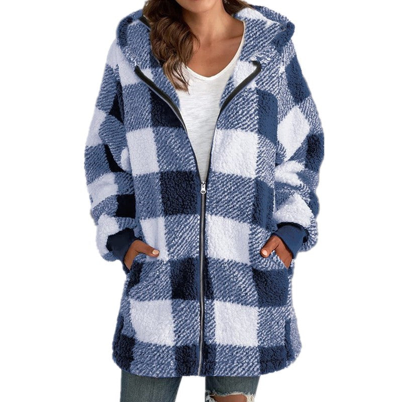 Arabella - Check Fleece Long Sleeve Hooded Coat - Blue