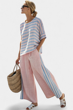 Women's Striped Two-Piece Set Relaxed Blouse and Wide-Leg Trousers - Multi-Coloured Stripes