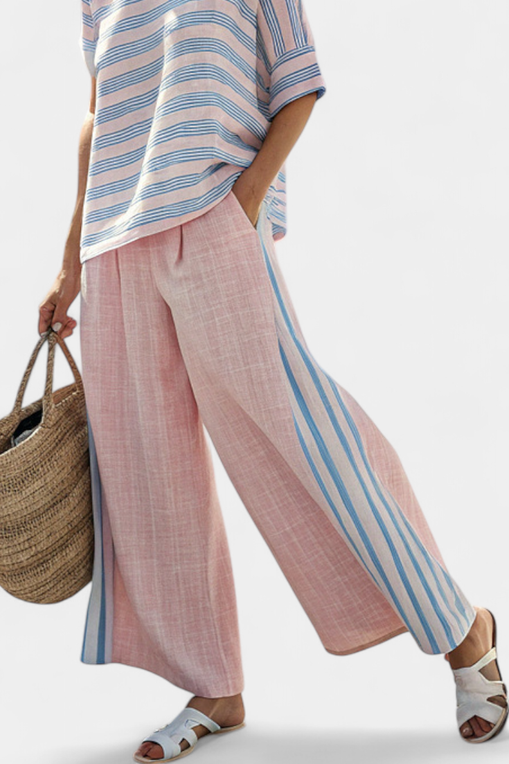 Women's Striped Two-Piece Set Relaxed Blouse and Wide-Leg Trousers - 3