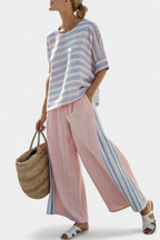 Women's Striped Two-Piece Set Relaxed Blouse and Wide-Leg Trousers