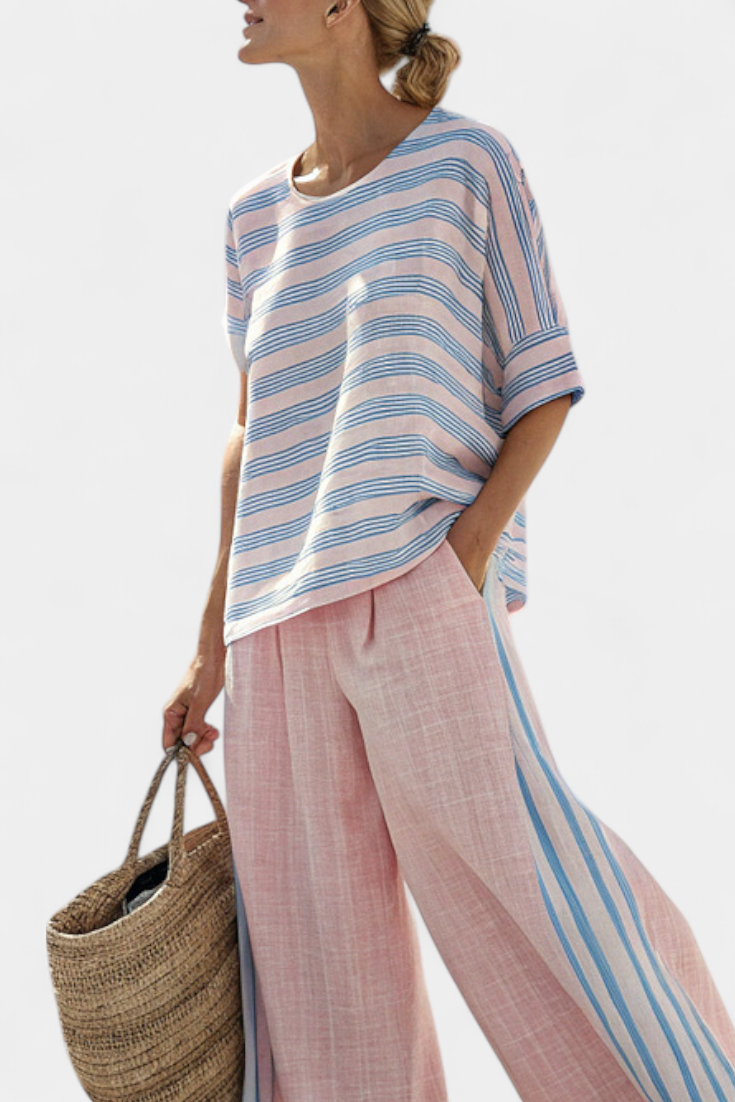 Women's Striped Two-Piece Set Relaxed Blouse and Wide-Leg Trousers - 2