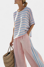 Women's Striped Two-Piece Set Relaxed Blouse and Wide-Leg Trousers - 2