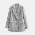 Women's Double-Breasted Tweed Blazer with Notched Lapel - Grey