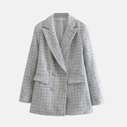 Women's Double-Breasted Tweed Blazer with Notched Lapel - Grey