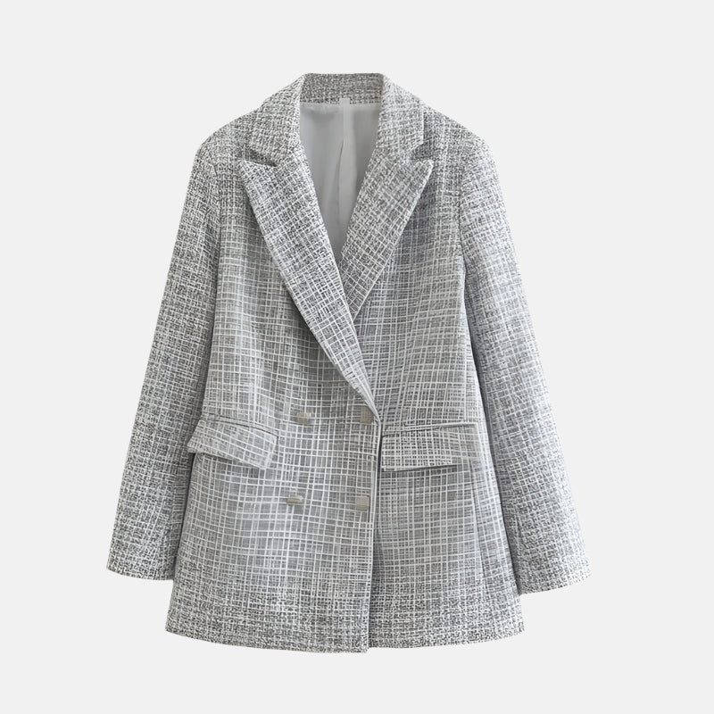 Women's Double-Breasted Tweed Blazer with Notched Lapel - Grey
