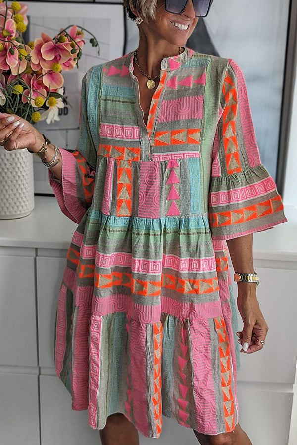 Women's Boho Dress with Tiered Silhouette and Bell Sleeves - 7