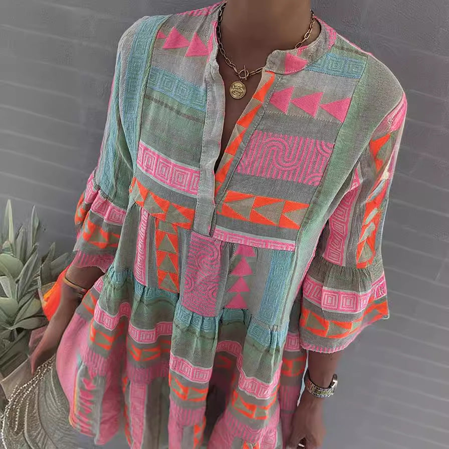 Women's Boho Dress with Tiered Silhouette and Bell Sleeves - 5