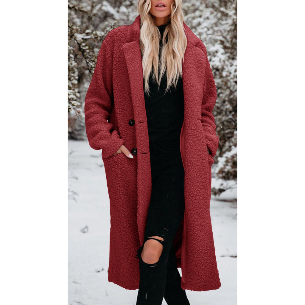 Women's Long Teddy Coat with Button Front Closure - 9