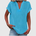 Women's Blouse Relaxed Fit with Notched V-Neck and Rolled Sleeves - Blue