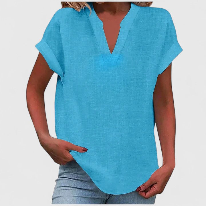 Women's Blouse Relaxed Fit with Notched V-Neck and Rolled Sleeves - Blue