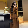 Women's Belted Asymmetric Knit Midi Dress Long Sleeve - Caramel