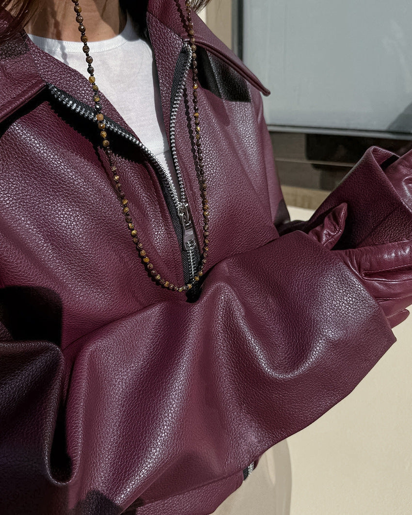 Women's Cropped Matte Biker Jacket with Front Zip - 5