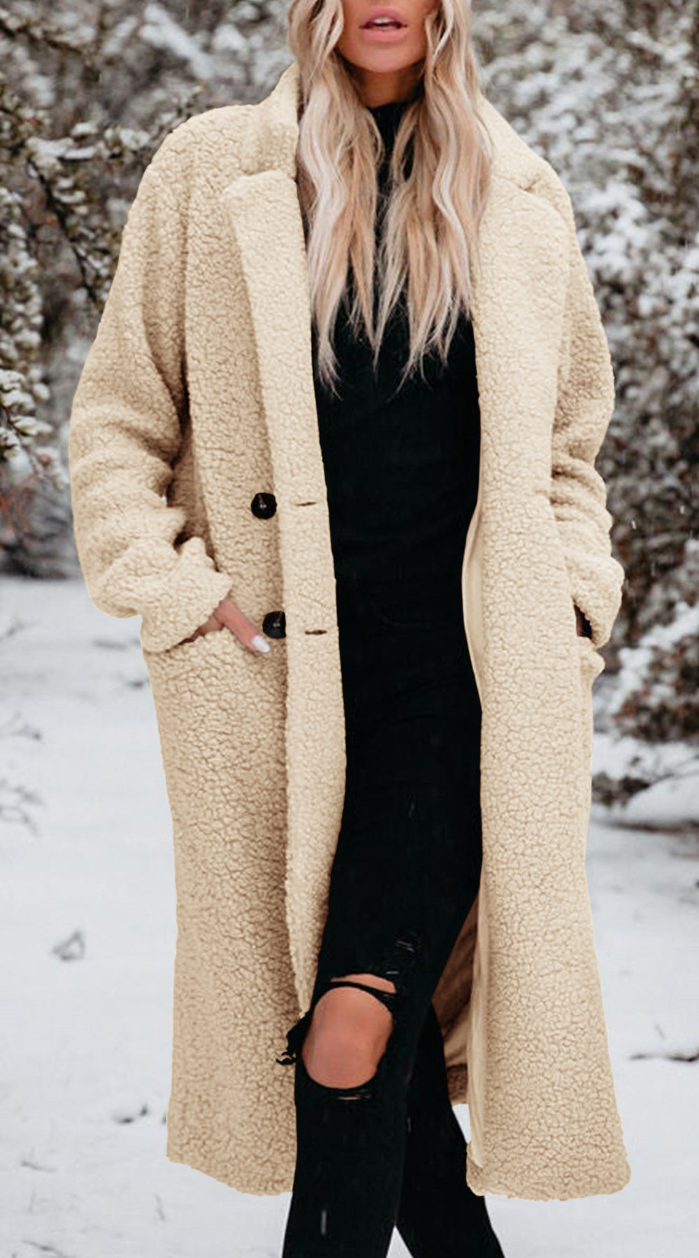 Women's Long Teddy Coat with Button Front Closure - Beige