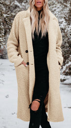 Women's Long Teddy Coat with Button Front Closure - Beige