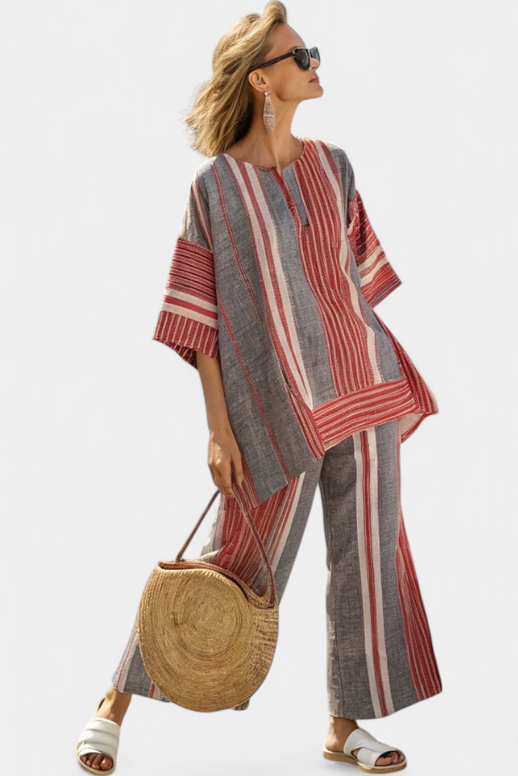Women's Striped Top and Wide-Leg Trousers Set with Round Neckline - Coral Grey