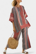 Women's Striped Top and Wide-Leg Trousers Set with Round Neckline