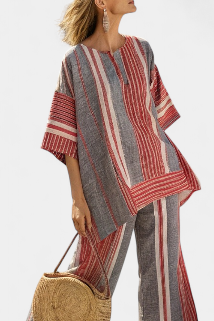 Women's Striped Top and Wide-Leg Trousers Set with Round Neckline - 2