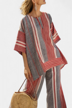 Women's Striped Top and Wide-Leg Trousers Set with Round Neckline - 2