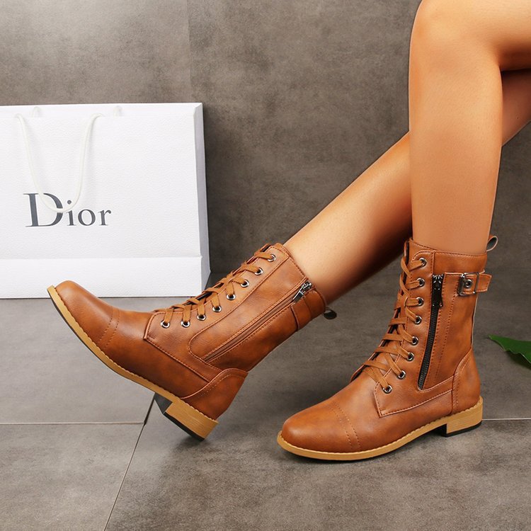Women's Lace-Up Mid-Calf Boots with Side Zip Closure - 8