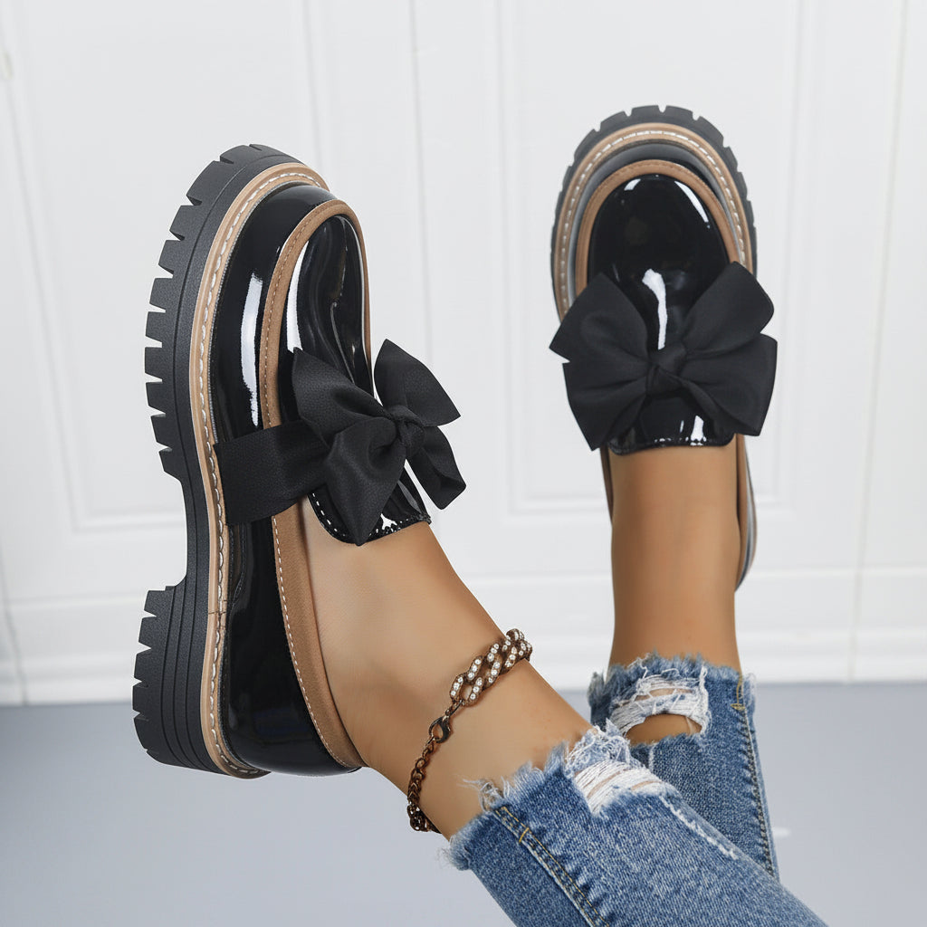 Women's Platform Loafers with Bow Detail and Chunky Sole - Black