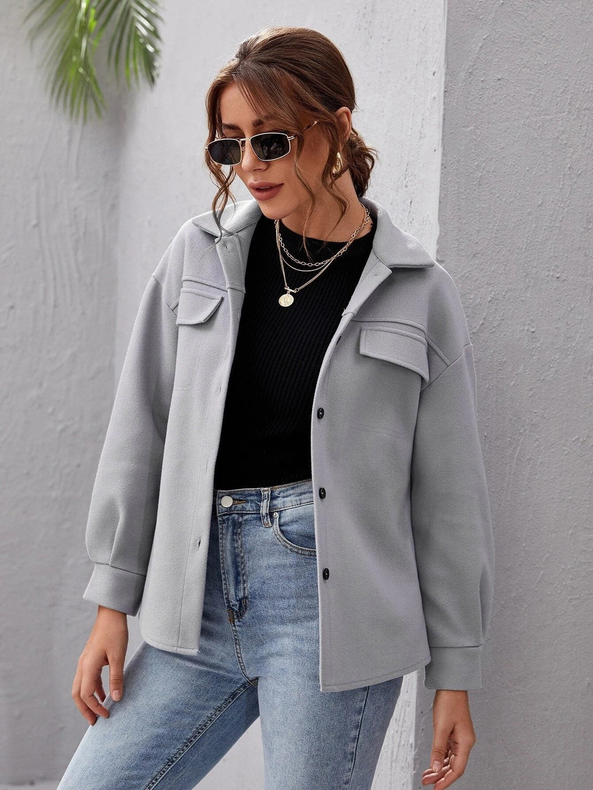Women's Oversized Shirt Jacket with Collar and Pocket Detail - 6
