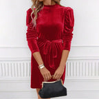 Women's Puff Sleeve Velvet Mini Dress with Tie Belt - 4